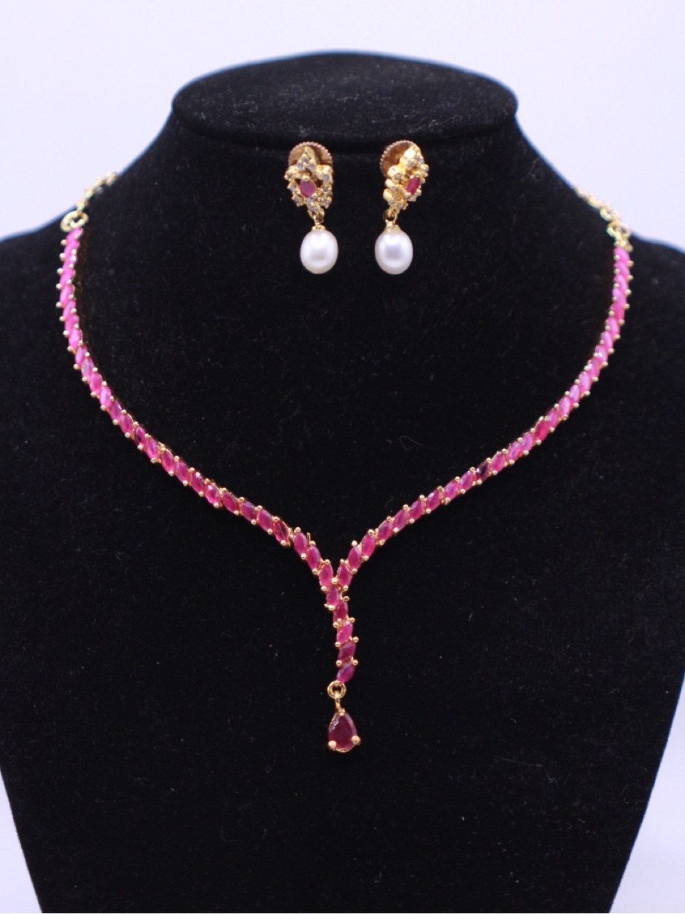 Gold-Tone Simulated Ruby Y-Style Necklace with Genuine Pearl Drop Earrings